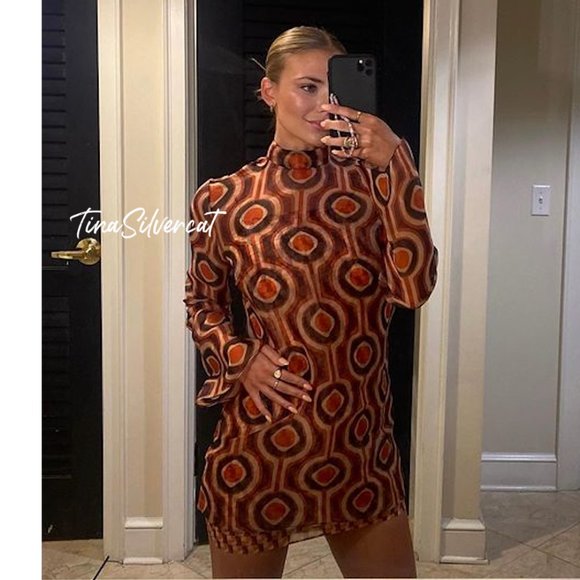 BLOGGER'S FAVE! Zara Printed Organza Mini Retro Dress Orange/Brown Sz XS NWT - Picture 3 of 17